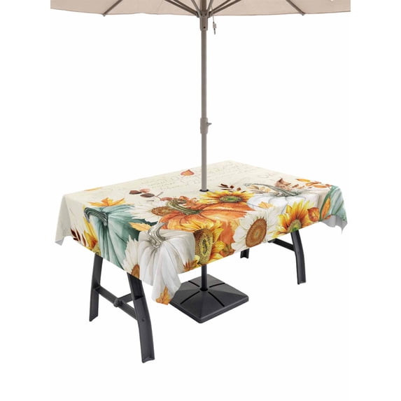Outdoor Tablecloth with Umbrella Hole and Zipper, Thanksgiving Pumpkin Rectangle Table Cloth 60x120 Inch Waterproof Tablecloth, Fall Sunflower Leaves Vintage Picnic Table Cover for Patio Camping