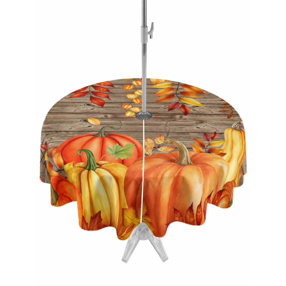 Outdoor Tablecloth with Umbrella Hole and Zipper, Thanksgiving Pumpkin Round Table Cloth 54 Inch Waterproof Tablecloth, Orange Red Gold Leaf Brown Wood Picnic Table Cover for Patio Camping