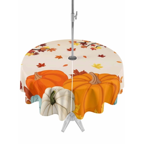 Outdoor Tablecloth with Umbrella Hole and Zipper, Thanksgiving Pumpkin Round Table Cloth 54 Inch Waterproof Tablecloth, Orange Yellow Autumn Maple Leaf Picnic Table Cover for Patio Camping
