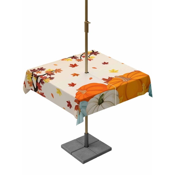 Outdoor Tablecloth with Umbrella Hole and Zipper, Thanksgiving Pumpkin Square Table Cloth 54x54 Inch Waterproof Tablecloth, Orange Yellow Autumn Maple Leaf Picnic Table Cover for Patio Camping