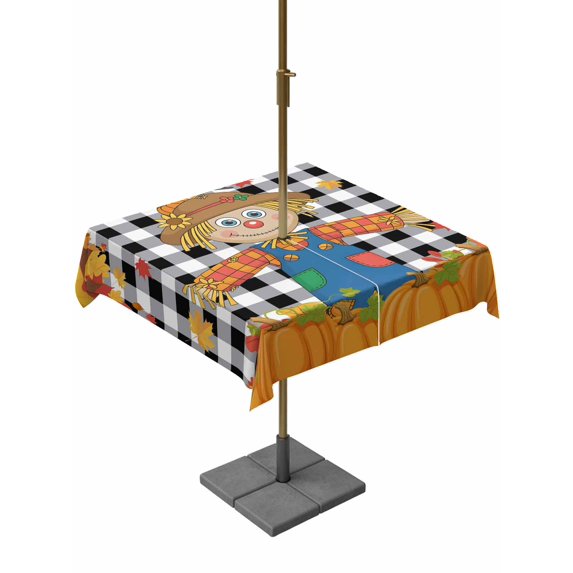 Outdoor Tablecloth with Umbrella Hole and Zipper, Thanksgiving Pumpkin Square Table Cloth 60x60 Inch Waterproof Tablecloth, Fall Straw Man Leaves Farmhouse Plaid Picnic Table Cover for Patio Camping