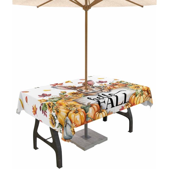 Outdoor Tablecloth with Umbrella Hole & Zipper, Thanksgiving Rabbit Rectangle Tablecloth 60x84 Inch, Autumn Pumpkins Sunflowers Leaves Patio Table Cover Waterproof Table Cloth for Picnic/Party