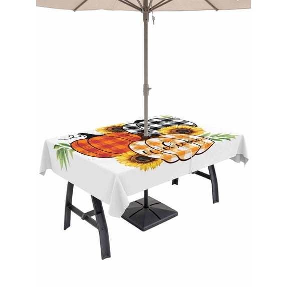 Outdoor Tablecloth with Umbrella Hole and Zipper, Thanksgiving Rectangle Table Cloth 52x70 Inch Waterproof Tablecloth, Fall Colorful Plaid Pumpkin Sunflower Leaf Picnic Table Cover for Patio Camping