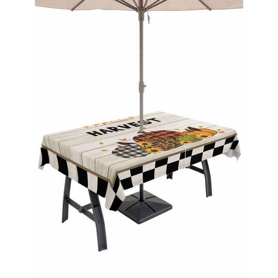 Outdoor Tablecloth with Umbrella Hole and Zipper, Thanksgiving Rectangle Table Cloth 52x70 Inch Waterproof Tablecloth, Fall Country Pumpkin Leaves Wooden Grain Picnic Table Cover for Patio Camping