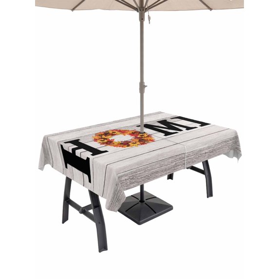 Outdoor Tablecloth with Umbrella Hole and Zipper, Thanksgiving Rectangle Table Cloth 52x70 Inch Waterproof Tablecloth, Fall Maple Leaf Grey Stripe Wooden Grain Picnic Table Cover for Patio Camping