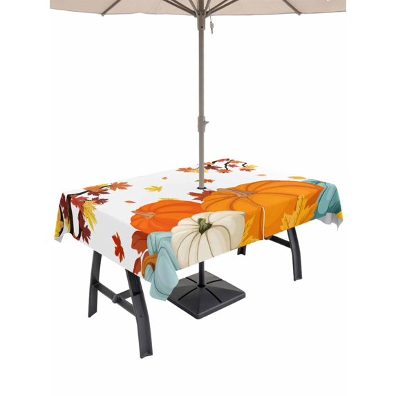 Outdoor Tablecloth with Umbrella Hole and Zipper, Thanksgiving Rectangle Table Cloth 52x70 Inch Waterproof Tablecloth, Fall Maple Leaf Orange Teal Blue Pumpkin Picnic Table Cover for Patio Camping