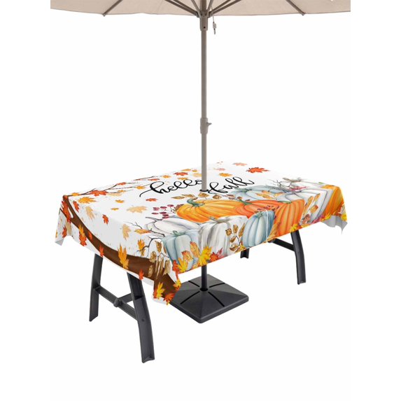 Outdoor Tablecloth with Umbrella Hole and Zipper, Thanksgiving Rectangle Table Cloth 52x70 Inch Waterproof Tablecloth, Fall Maple Leaf Orange White Pumpkin Picnic Table Cover for Patio Camping
