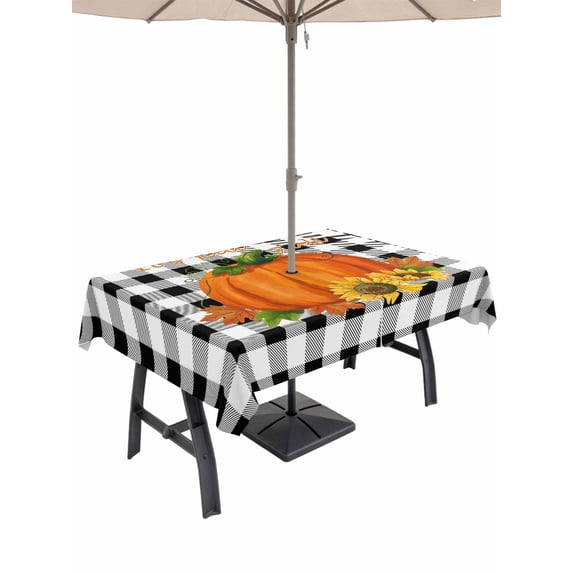 Outdoor Tablecloth with Umbrella Hole and Zipper, Thanksgiving Rectangle Table Cloth 52x70 Inch Waterproof Tablecloth, Fall Orange Pumpkin Flower Leaf Buffalo Plaid Picnic Table Cover for Patio