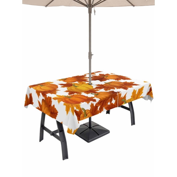 Outdoor Tablecloth with Umbrella Hole and Zipper, Thanksgiving Rectangle Table Cloth 52x70 Inch Waterproof Tablecloth, Fall Orange Pumpkin Maple Leaves Farmhouse Picnic Table Cover for Patio Camping