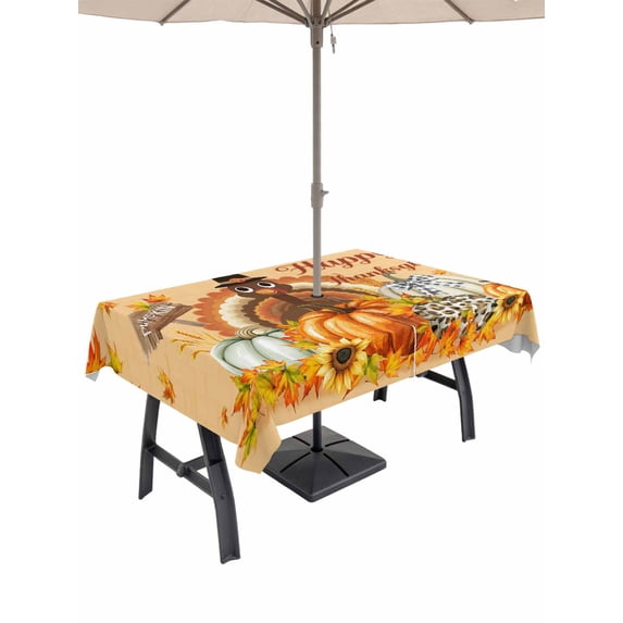 Outdoor Tablecloth with Umbrella Hole and Zipper, Thanksgiving Rectangle Table Cloth 52x70 Inch Waterproof Tablecloth, Orange Maple Leaf Pumpkin Harvest Fall Picnic Table Cover for Patio Camping