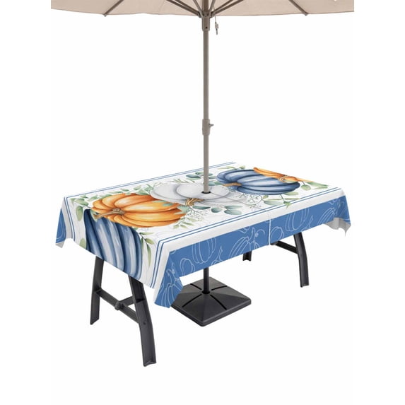 Outdoor Tablecloth with Umbrella Hole and Zipper, Thanksgiving Rectangle Table Cloth 54x80 Inch Waterproof Tablecloth, Fall Orange Blue White Pumpkin Stripes Picnic Table Cover for Patio Camping