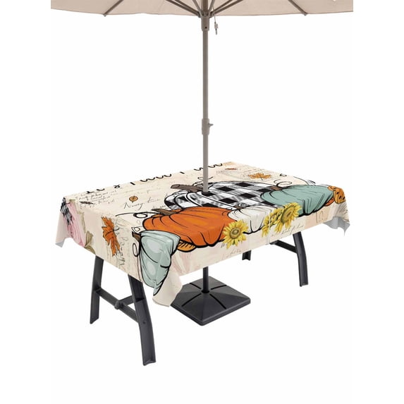Outdoor Tablecloth with Umbrella Hole and Zipper, Thanksgiving Rectangle Table Cloth 54x80 Inch Waterproof Tablecloth, Farmhouse Pumpkin Maple Leaf Checkered Picnic Table Cover for Patio Camping