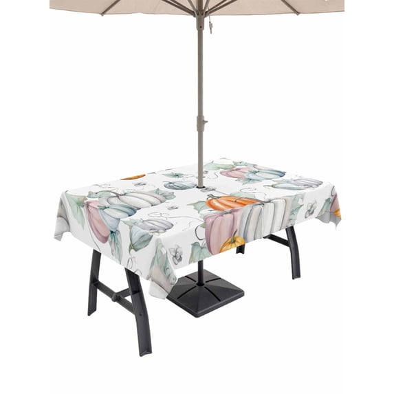 Outdoor Tablecloth with Umbrella Hole and Zipper, Thanksgiving Rectangle Table Cloth 54x80 Inch Waterproof Tablecloth, Orange Blue Pumpkin Autumn Fall Leaf Picnic Table Cover for Patio Camping