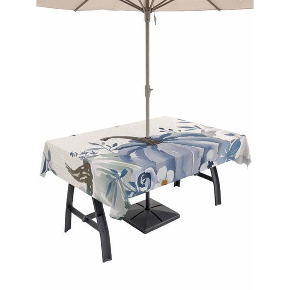 Outdoor Tablecloth with Umbrella Hole and Zipper, Thanksgiving Rectangle Table Cloth 60x84 Inch Waterproof Tablecloth, Fall Country Blue White Pumpkin Leaves Picnic Table Cover for Patio Camping
