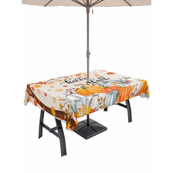 Outdoor Tablecloth with Umbrella Hole and Zipper, Thanksgiving Rectangle Table Cloth 60x84 Inch Waterproof Tablecloth, Orange White Pumpkin Maple Leaf Branches Picnic Table Cover for Patio Camping