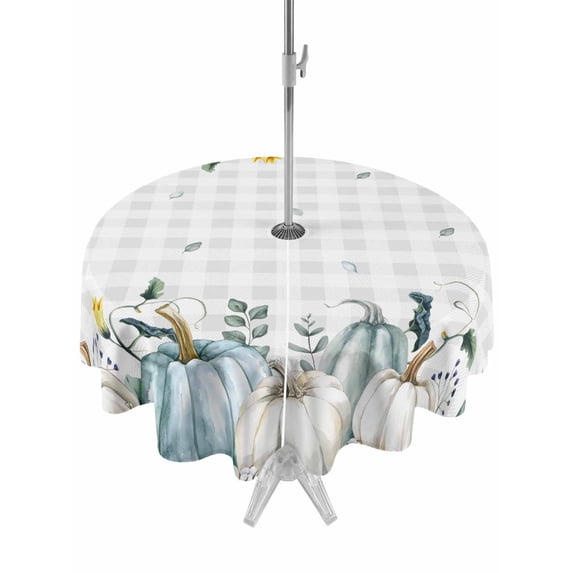 Outdoor Tablecloth with Umbrella Hole and Zipper, Thanksgiving Round Table Cloth 60 Inch Waterproof Tablecloth, Fall Blue White Pumpkin Leaves Floral Plaid Picnic Table Cover for Patio Camping