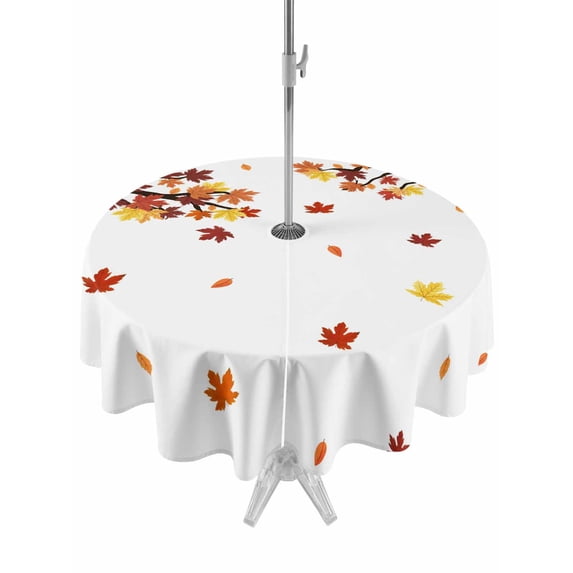 Outdoor Tablecloth with Umbrella Hole and Zipper, Thanksgiving Round Table Cloth 60 Inch Waterproof Tablecloth, Fall Maple Lea Farmhouse Autumn Picnic Table Cover for Patio Camping