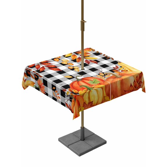 Outdoor Tablecloth with Umbrella Hole and Zipper, Thanksgiving Square Table Cloth 54x54 Inch Waterproof Tablecloth, Autumn Orange Red Pumpkin Leaf Plaid Black Picnic Table Cover for Patio Camping