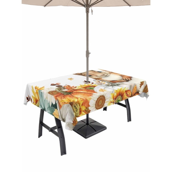 Outdoor Tablecloth with Umbrella Hole and Zipper, Thanksgiving Squirrel Rectangle Table Cloth 54x80 Inch Waterproof Tablecloth, Fall Pumpkins Sunflower Autumn Picnic Table Cover for Patio Camping