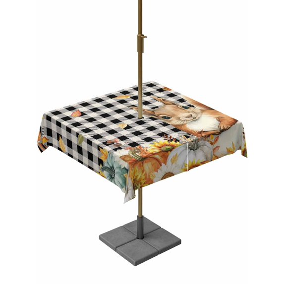 Outdoor Tablecloth with Umbrella Hole and Zipper, Thanksgiving Squirrel Square Table Cloth 54x54 Inch Waterproof Tablecloth, Fall Pumpkins Sunflower Black Plaid Picnic Table Cover for Patio Camping