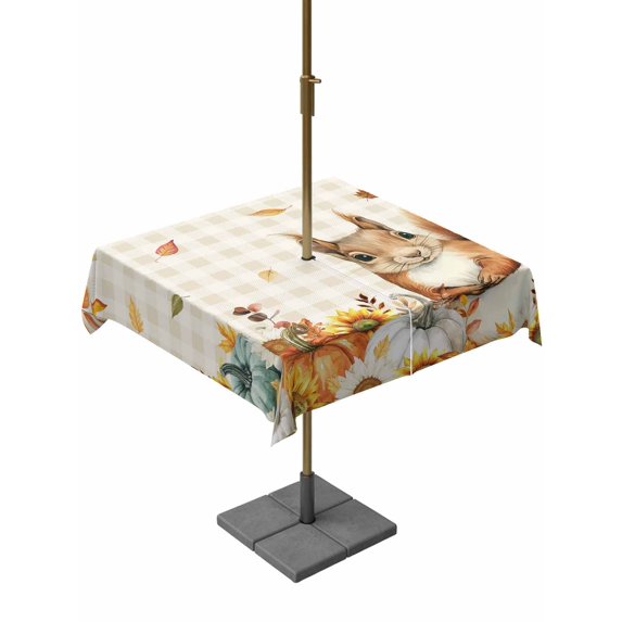 Outdoor Tablecloth with Umbrella Hole and Zipper, Thanksgiving Squirrel Square Table Cloth 54x54 Inch Waterproof Tablecloth, Fall Pumpkins Sunflower Brown Plaid Picnic Table Cover for Patio Camping