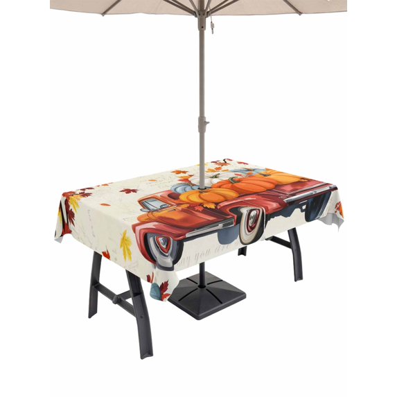 Outdoor Tablecloth with Umbrella Hole and Zipper, Thanksgiving Truck Rectangle Table Cloth 60x102 Inch Waterproof Tablecloth, Orange Blue White Pumpkin Maple Leaf Picnic Table Cover for Patio Camping