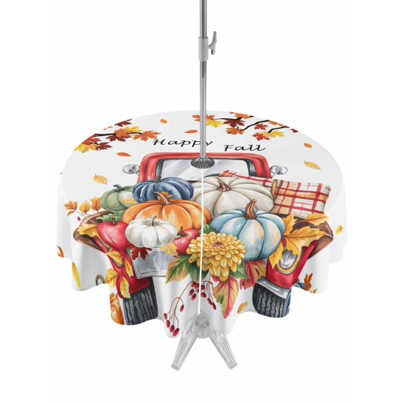 Outdoor Tablecloth with Umbrella Hole and Zipper, Thanksgiving Truck Round Table Cloth 60 Inch Waterproof Tablecloth, Autumn Maple Leaf Harvest Pumpkin Picnic Table Cover for Patio Camping