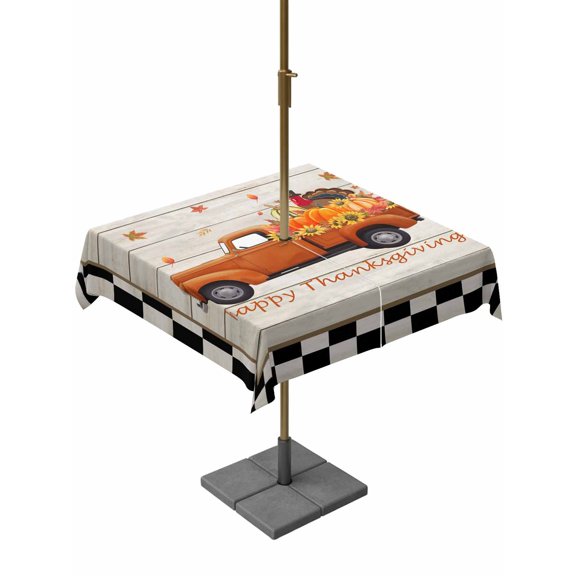Outdoor Tablecloth with Umbrella Hole and Zipper, Thanksgiving Truck Square Table Cloth 60x60 Inch Waterproof Tablecloth, Orange Fall Pumpkin Turkey Black Check Picnic Table Cover for Patio Camping