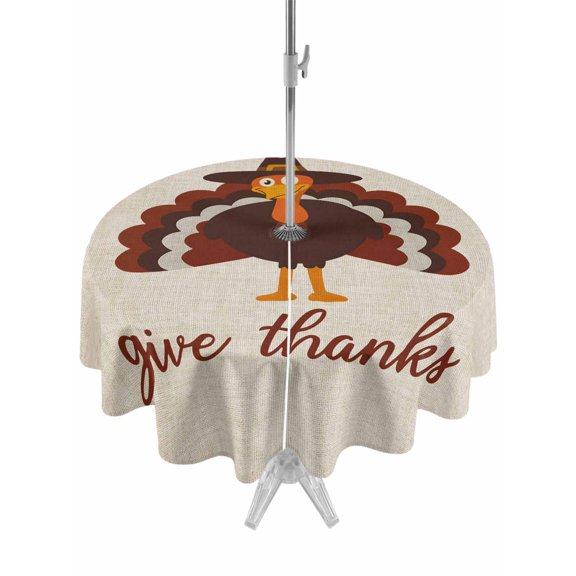 Outdoor Tablecloth with Umbrella Hole and Zipper, Thanksgiving Turkey Round Table Cloth 54 Inch Waterproof Tablecloth, Give Thanks Fall Farmhouse Picnic Table Cover for Patio Camping