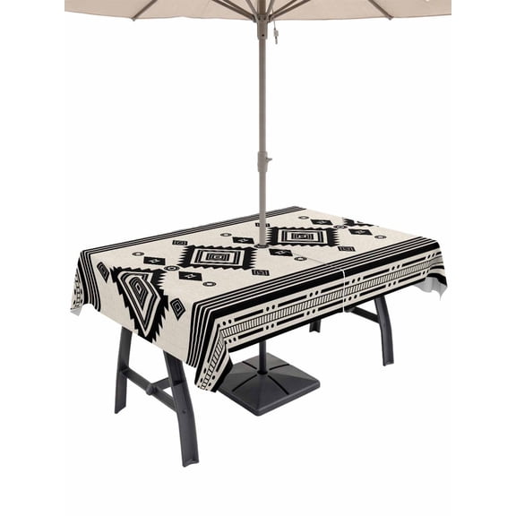Outdoor Tablecloth with Umbrella Hole and Zipper, Tribal Geometric Tan Stripes Rectangle Waterproof Table Cover 60x84in Washable Table Cloth for Patio Picnic Party Vintage Southwest Ethnic