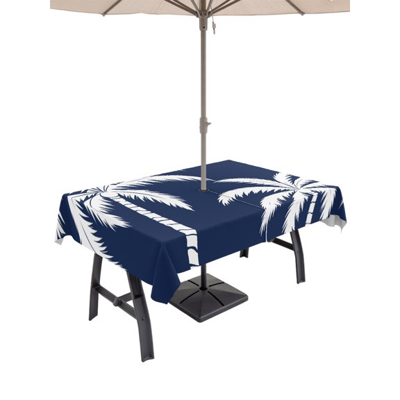 Outdoor Tablecloth with Umbrella Hole and Zipper, Tropical Coconut Tree Rectangle Waterproof Table Cover 60x84in Washable Table Cloth for Patio Picnic Party Deep Navy Background