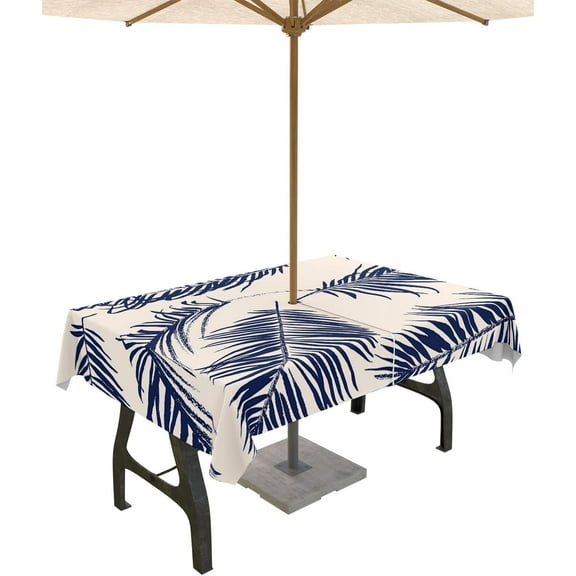 Outdoor Tablecloth with Umbrella Hole and Zipper Tropical Palm Rectangle Outdoor Tablecloths 60x102 Waterproof Outside Table Cloths Blue Leaves Patio Table Cover for Outdoor Tables Picnic Garden