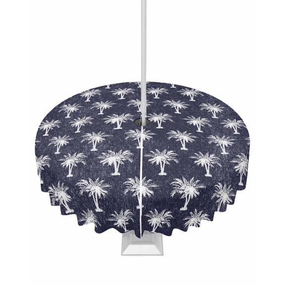 Outdoor Tablecloth with Umbrella Hole and Zipper Tropical Palm Trees Round Tablecloths 60 Inch Waterproof Table Cloths Vintage Navy Blue Patio Table Cover for Outdoor Tables Picnic BBQS Party Decor