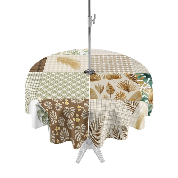 Outdoor Tablecloth with Umbrella Hole Zipper Tropical Plants Plaid Round Tablecloth 60" Waterproof Outside Table Cloth Summer Palm Leaf Checkered Brown Patio Table Cover Tablecloths for Picnic Party