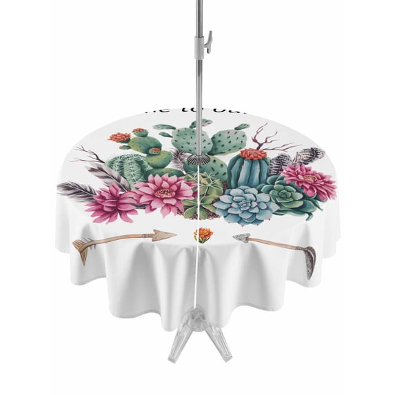 Outdoor Tablecloth with Umbrella Hole and Zipper, Tropical Plants Round Table Cloth 60 Inch Waterproof Tablecloth, Country Summer Botanical Cactus Plants Picnic Table Cover for Patio Camping