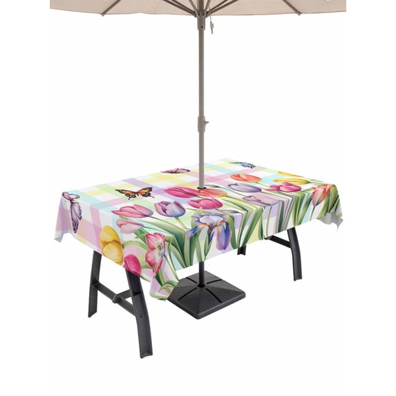 Outdoor Tablecloth with Umbrella Hole and Zipper, Tulips Spring Floral Rectangle Table Cloth 60x102 Inch Waterproof Tablecloth, Flowers Butterfly Plaid Pastoral Picnic Table Cover for Patio Camping