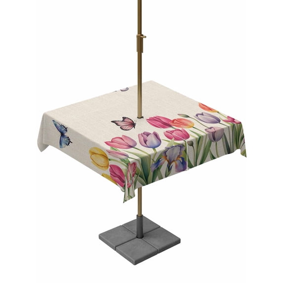 Outdoor Tablecloth with Umbrella Hole and Zipper, Tulips Spring Floral Square Table Cloth 60x60 Inch Waterproof Tablecloth, Pastoral Flowers Butterfly Rustic Picnic Table Cover for Patio Camping