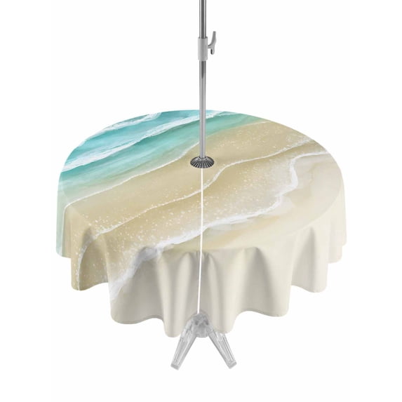 Outdoor Tablecloth with Umbrella Hole and Zipper, Turquoise Beach Coastal Round Table Cloth 60 Inch Waterproof Tablecloth, Summer Ocean Nautical Seaside Picnic Table Cover for Patio Camping