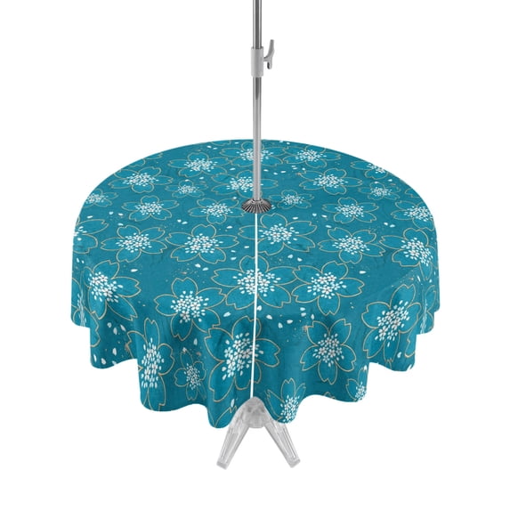 Outdoor Tablecloth with Umbrella Hole Zipper Turquoise Boho Floral Round Tablecloth 54" Waterproof Outside Table Cloth Abstract Art Flowers Botanical Patio Table Cover Tablecloths for Picnic Party