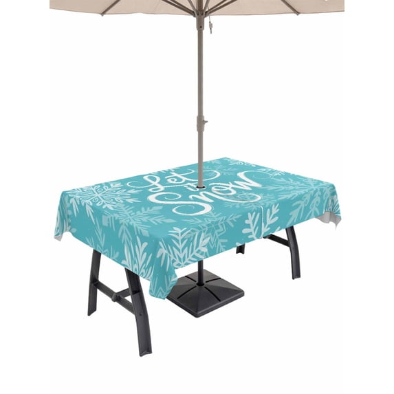 Outdoor Tablecloth with Umbrella Hole and Zipper, Turquoise Christmas Rectangle Table Cloth 60x84 Inch Waterproof Tablecloth, Winter White Snowflakes Patterned Picnic Table Cover for Patio Camping