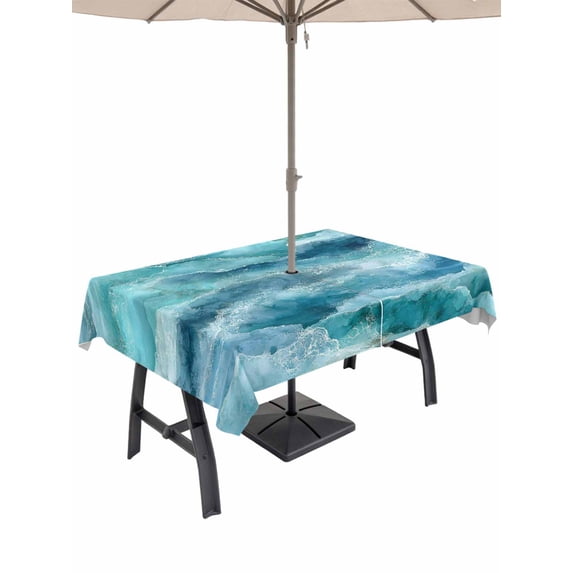 Outdoor Tablecloth with Umbrella Hole & Zipper, Turquoise Coastal Rectangle Tablecloth 52x70 Inch, Modern Abstract Beach Waves Ocean Patio Table Cover Waterproof Table Cloth for Picnic/Party