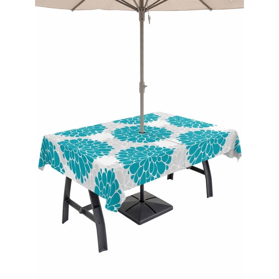 Outdoor Tablecloth with Umbrella Hole and Zipper, Turquoise Dahlia Rectangle Table Cloth 60x102 Inch Waterproof Tablecloth, Country Gray Abstract Floral Flowers Picnic Table Cover for Patio Camping