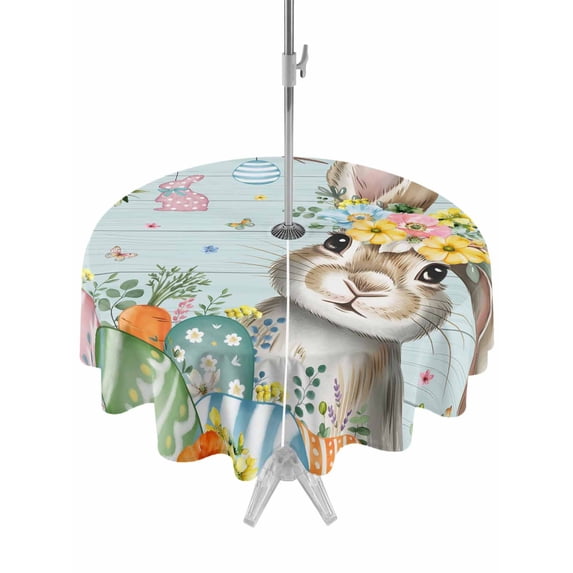 Outdoor Tablecloth with Umbrella Hole and Zipper, Turquoise Easter Bunny Round Table Cloth 54 Inch Waterproof Tablecloth, Spring Easter Eggs Floral Wooden Picnic Table Cover for Patio Camping