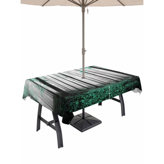 Outdoor Tablecloth with Umbrella Hole and Zipper, Turquoise Forest Rectangle Table Cloth 60x102 Inch Waterproof Tablecloth, Vintage Foggy Woods Tree Mysterious Picnic Table Cover for Patio Camping