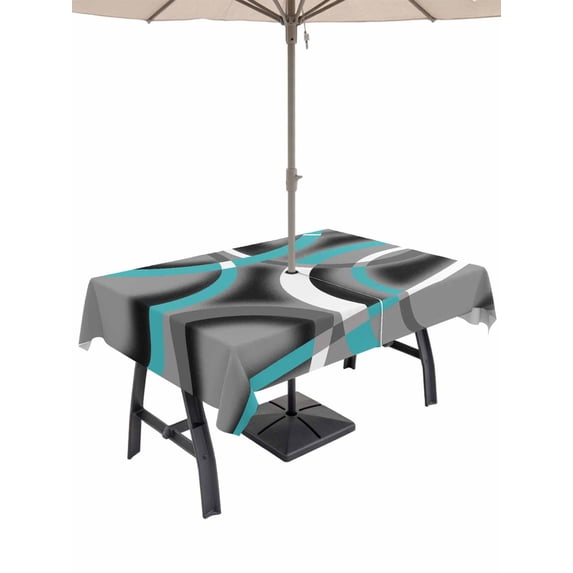 Outdoor Tablecloth with Umbrella Hole and Zipper, Turquoise Geometric Rectangle Table Cloth 60x102 Inch Waterproof Tablecloth, Grey Classic Abstract Lines Striped Picnic Table Cover for Patio Camping