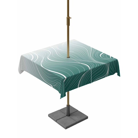 Outdoor Tablecloth with Umbrella Hole and Zipper, Turquoise Geometric Square Table Cloth 60x60 Inch Waterproof Tablecloth, Modern White Stripe Distortion Art Picnic Table Cover for Patio Camping
