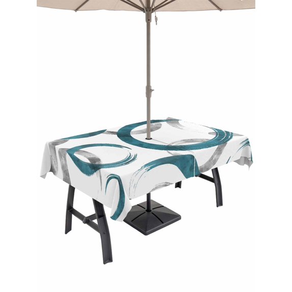Outdoor Tablecloth with Umbrella Hole and Zipper, Turquoise Grey Rectangle Table Cloth 52x70 Inch Waterproof Tablecloth, Geometric Circle Modern Abstract Simple Art Picnic Table Cover for Patio