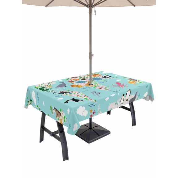 Outdoor Tablecloth with Umbrella Hole and Zipper, Turquoise Ocean Rectangle Table Cloth 60x102 Inch Waterproof Tablecloth, Funny Cute Animals Clouds Cartoon Picnic Table Cover for Patio Camping
