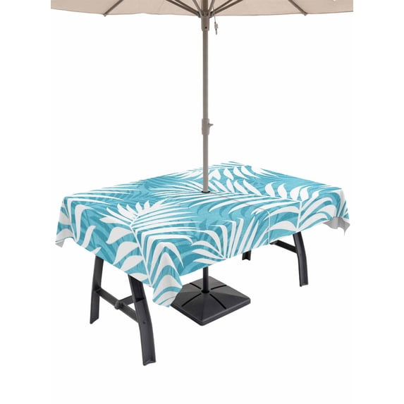 Outdoor Tablecloth with Umbrella Hole & Zipper, Turquoise Palm Leaf Rectangle Tablecloth 60x84 Inch, Summer Coastal Botanical Tropical Patio Table Cover Waterproof Table Cloth for Picnic/Party