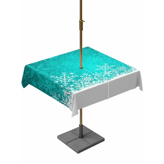 Outdoor Tablecloth with Umbrella Hole and Zipper, Turquoise Snowflakes Christmas Square Table Cloth 60x60 Inch Waterproof Tablecloth, Winter Holiday Xmas Snowflake Picnic Table Cover for Patio